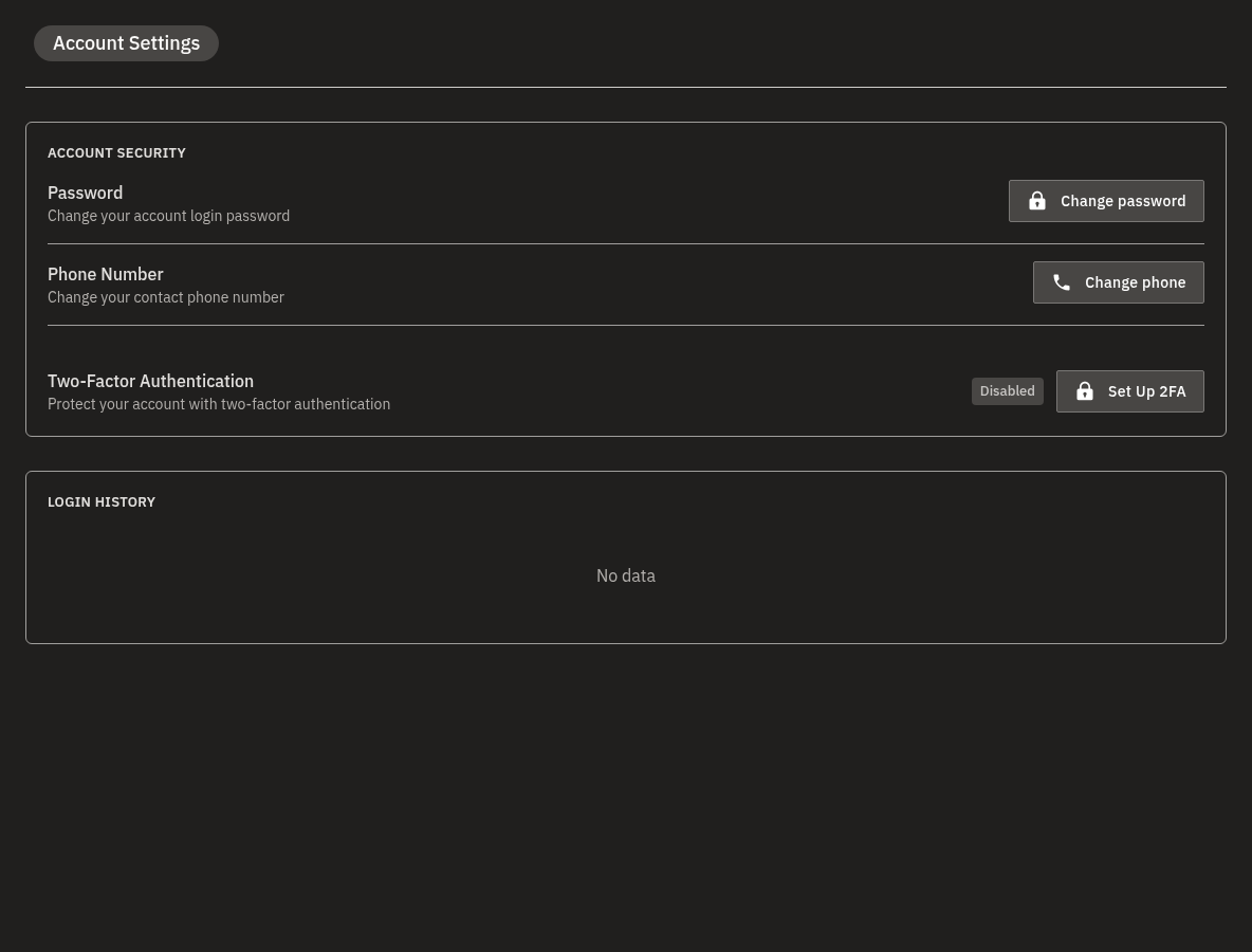 The Account Settings screen, with the Account Security section and Login History below.