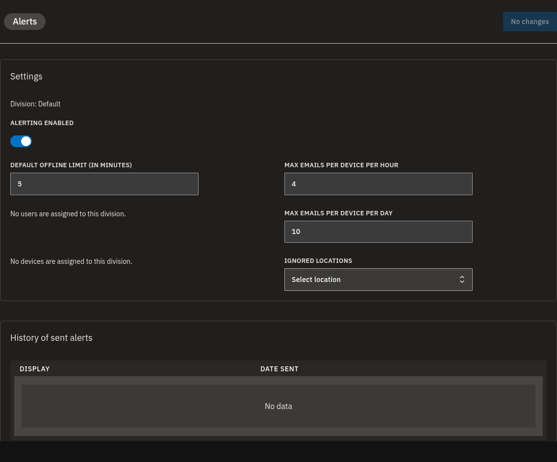 The Alerts screen: the Settings card (alerting, offline limit, email caps) on top, with the History of sent alerts below.