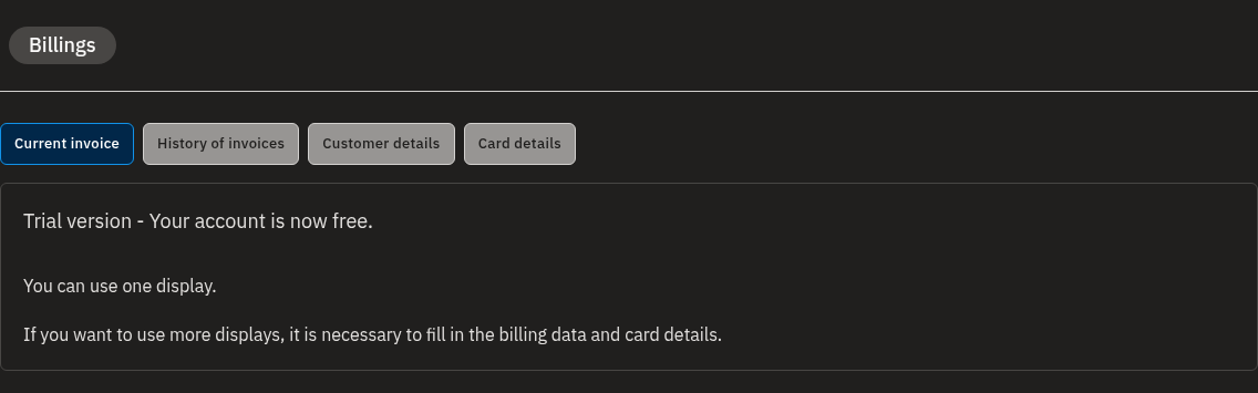 The Billings section, with its four tabs: Current invoice, History of invoices, Customer details, and Card details.