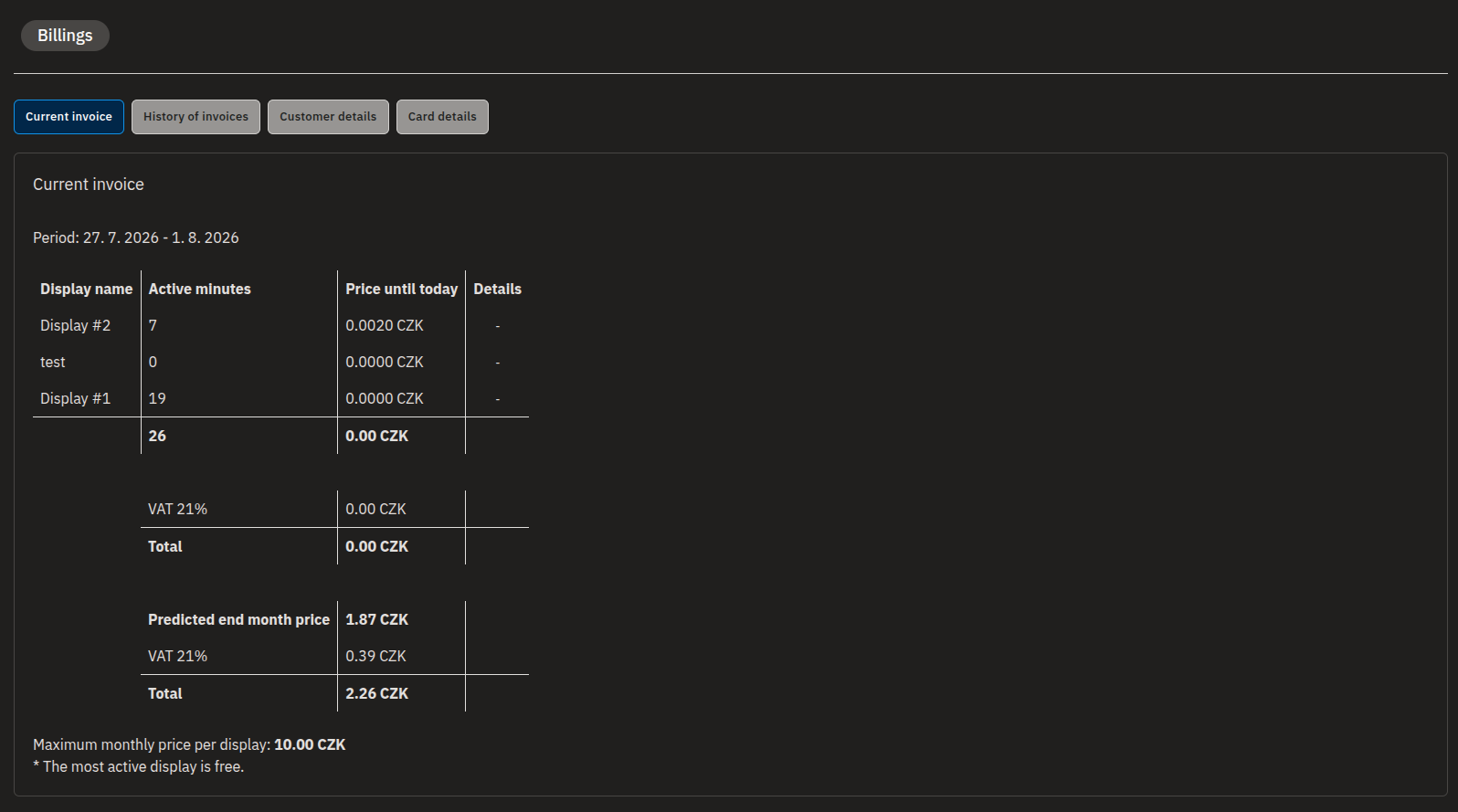 Current invoice tab with per-display table and predicted total.