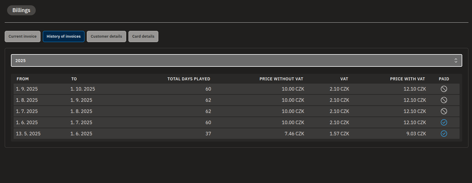 History of invoices tab with year filter and Paid column.