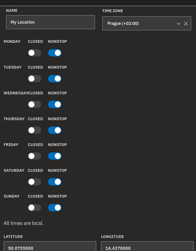 A location's Time zone selector and the per-weekday opening hours, each with a Closed and a nonstop switch.