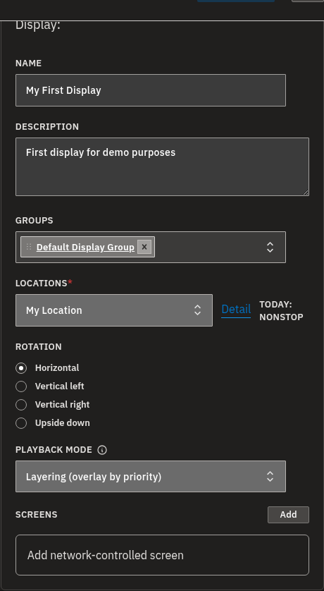 A Display's detail page settings — Name, Description, Groups, Locations, Rotation, and Playback mode — saved with the Save changes button at the top of the page.