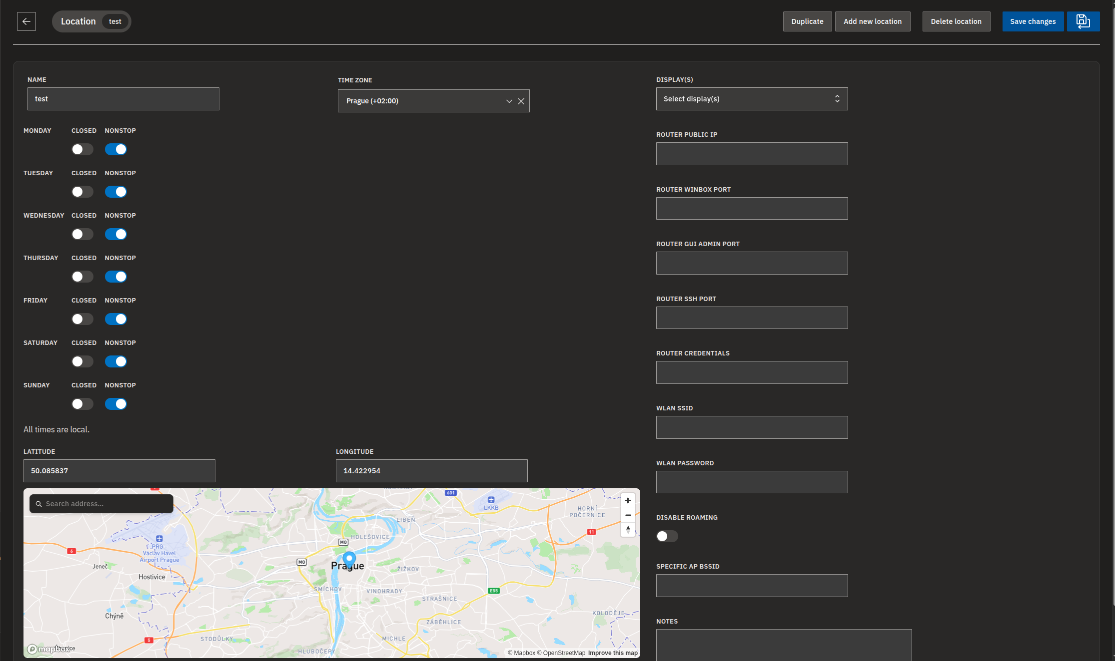 Location detail page with map and Latitude/Longitude fields.