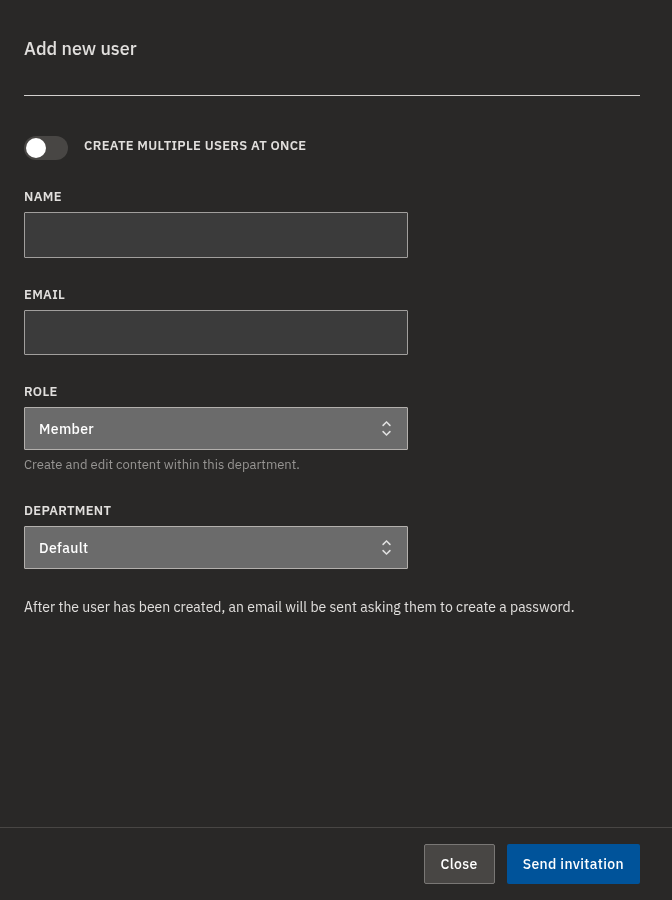 The Add new user dialog: enter a Name and Email, choose a Role and Department, then send the invitation.
