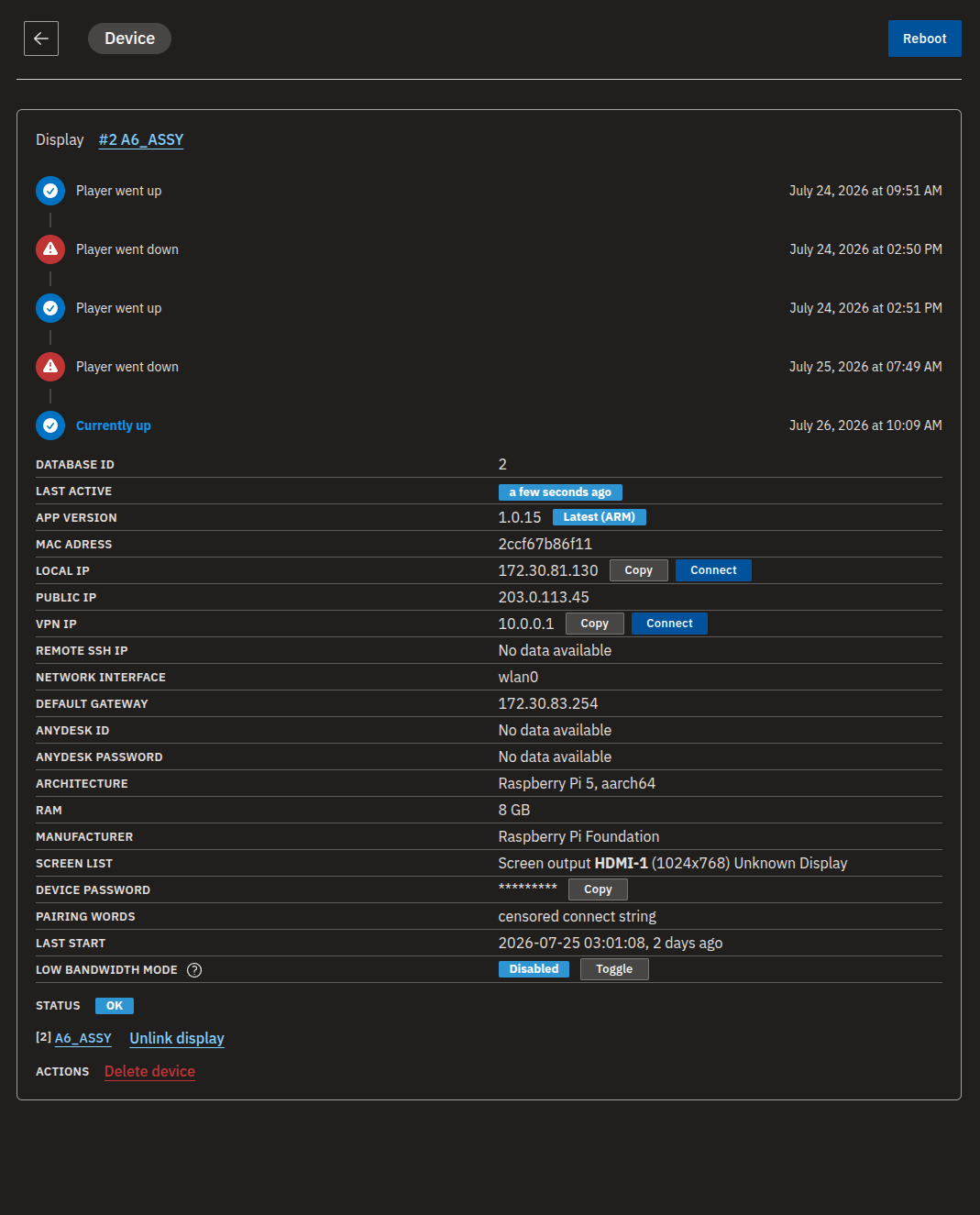 A device detail page showing technical info rows and action buttons.