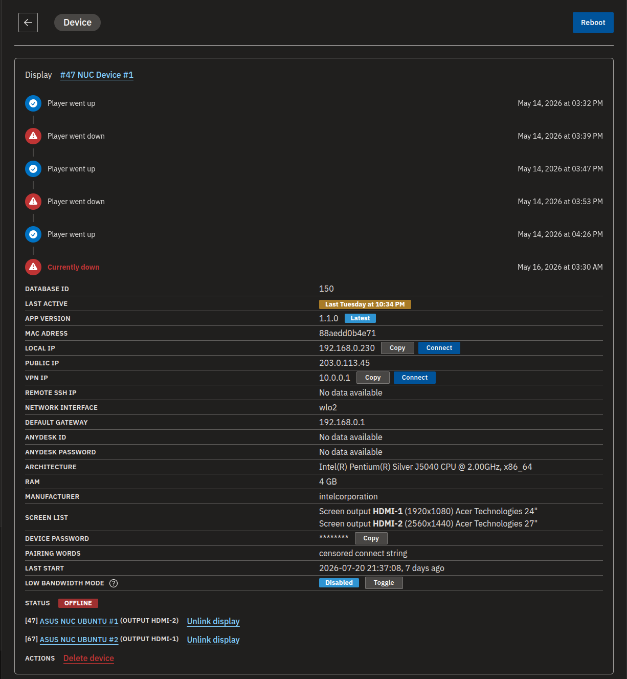 Screen list with multiple outputs and linked displays.