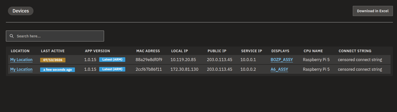 The Devices page with the device list and column headers.