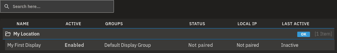 The Displays list, with displays grouped into folders by location.