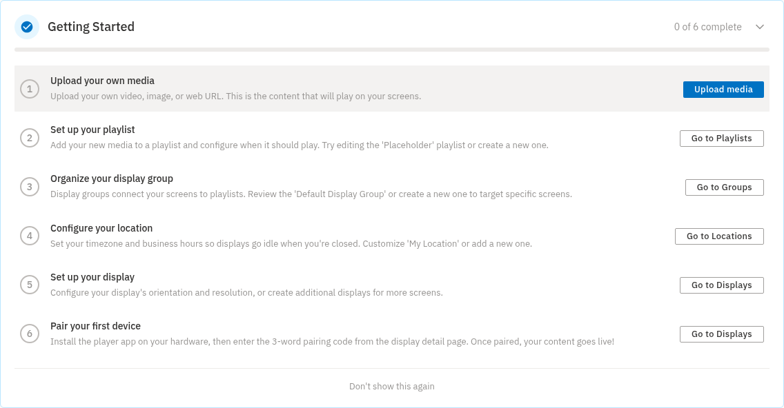 The Getting Started checklist tracks your six setup steps and shows your progress at the top.