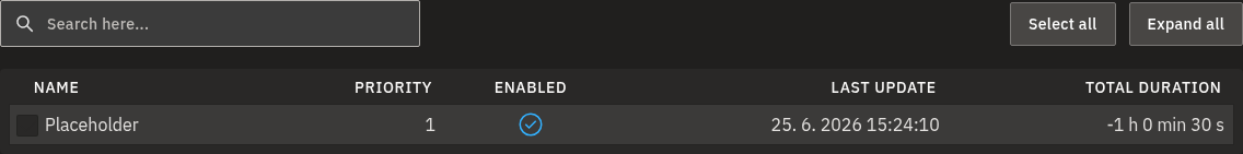The Playlists list with its Name, Priority, Enabled, Last update, and Total duration columns.