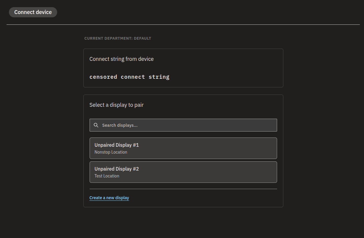 Connect device page with display selection list.
