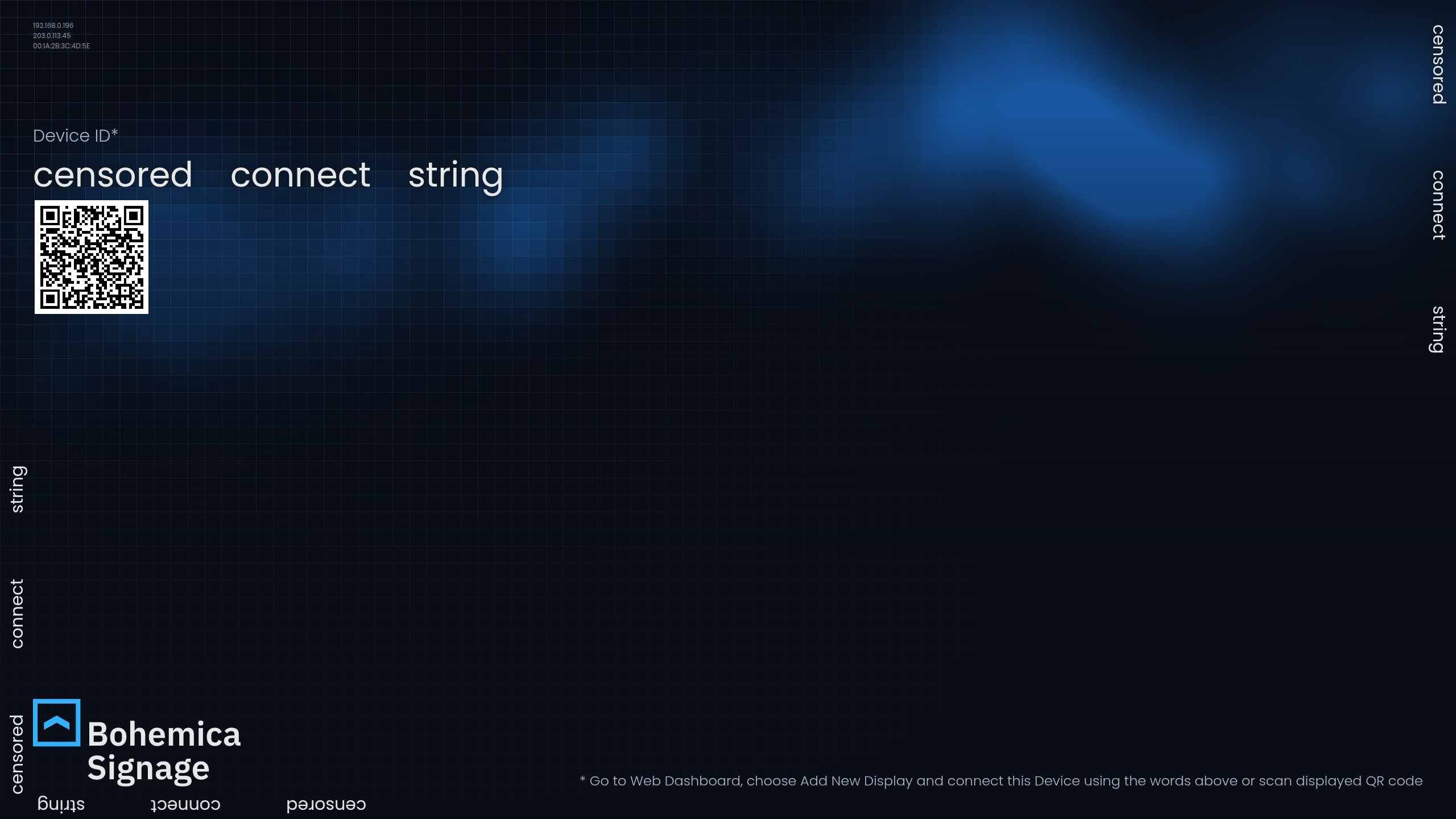 The player app screen, with the three connect-code words highlighted and the QR code visible.