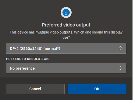 The Preferred video output pop-up, with the output dropdown highlighted.