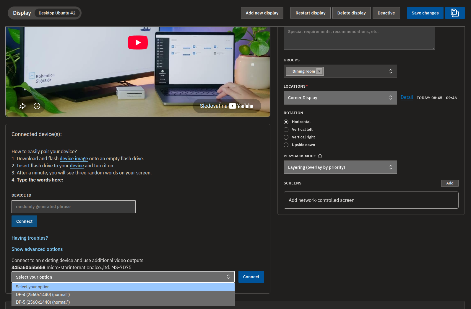 Show advanced options — connecting a Display to an existing device's spare video output.