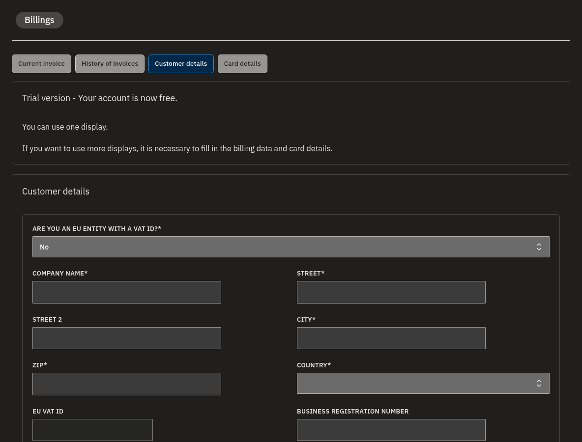 The Billings section with the Customer details tab open, showing the company-details form; the Card details tab sits alongside it.