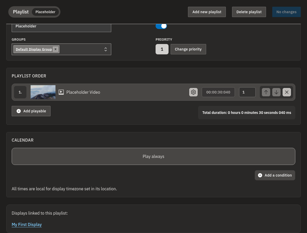 A playlist's editor, showing the Priority field at the top and the Calendar scheduling section below.