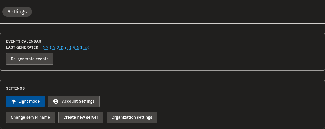 The Settings page: the Events calendar panel on top, with the Settings panel and its buttons below.