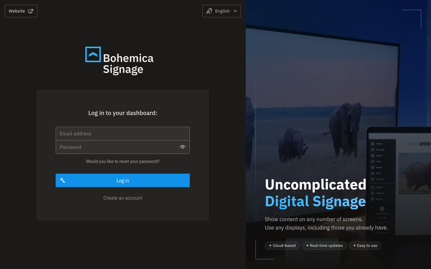 The sign-in screen, where you enter your email and password to access the dashboard.