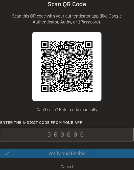 The Scan QR Code step: scan the QR with your authenticator app, then enter the 6-digit code to verify.